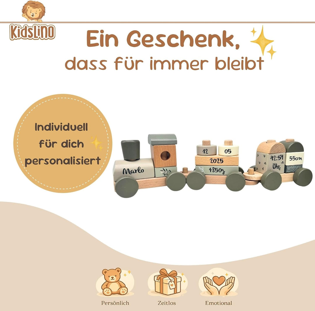 Personalisierte Holzeisenbahn Olivgrün – Personalisierte Geschenke Baby I Steckspielzeug I Geschenk