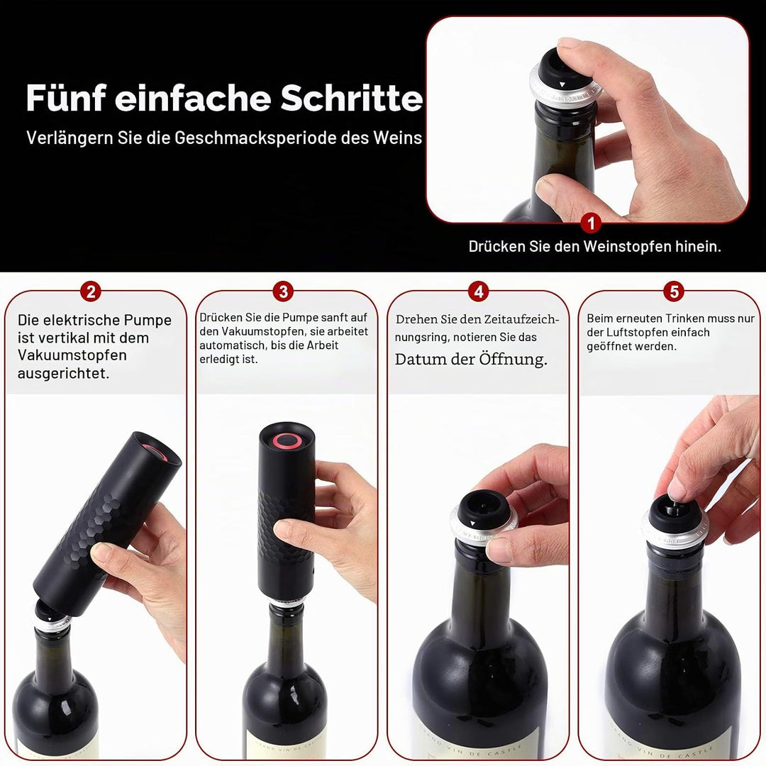 WIWONEY Automatische Weinpumpen-Set mit 1 wiederaufladbaren Vakuumpumpe und 4 Weinstopfen zum Vakuum