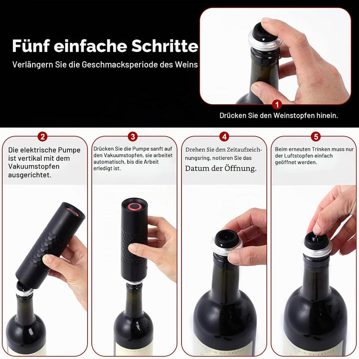 WIWONEY Automatische Weinpumpen-Set mit 1 wiederaufladbaren Vakuumpumpe und 4 Weinstopfen zum Vakuum