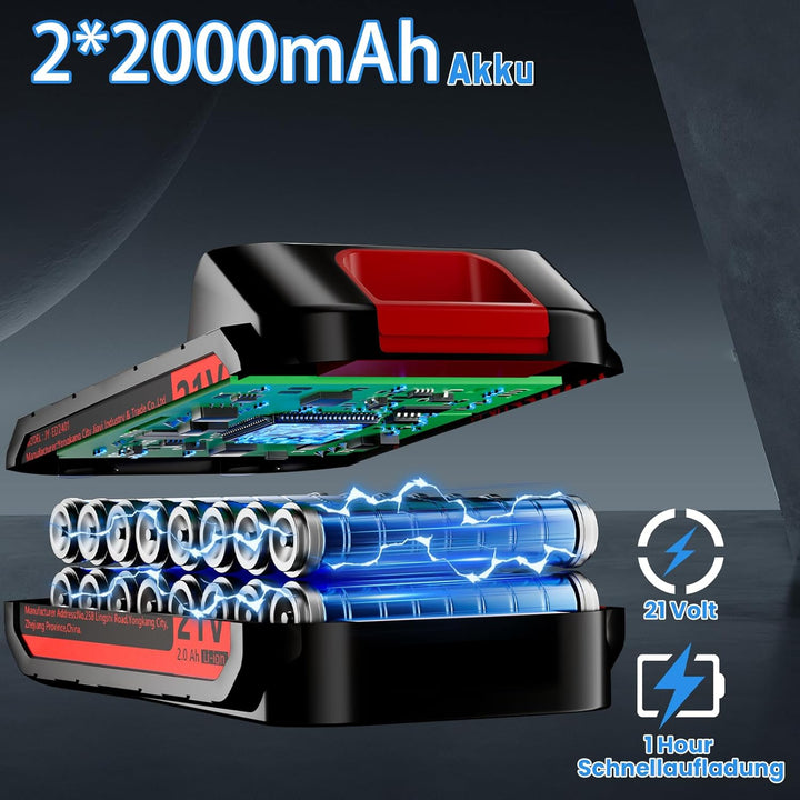 Akkuschrauber, 21V Akku Bohrschrauber Set mit 2 Akkus 2.0Ah, 45 Nm Max, 25+3 Drehmomentstufen,2-Gang