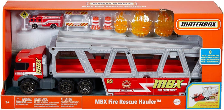 Matchbox GWM23 - Matchbox Construction Hauler mit 1 Feuerwehrfahrzeug und 8 Zubehörteilen, Spielzeug
