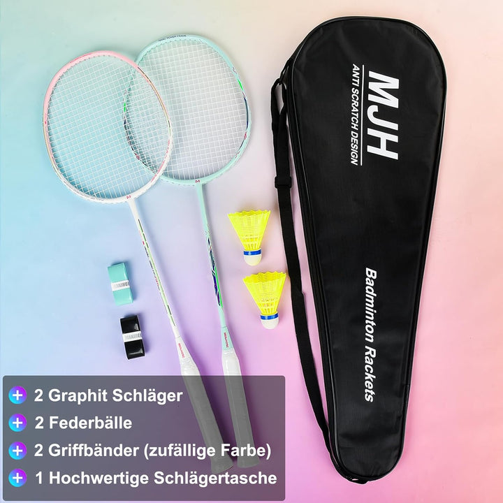 Badminton Set mit 2 Graphit Schläger - Kratzfestes Design - Federball Set für Erwachsene Incl. Feder