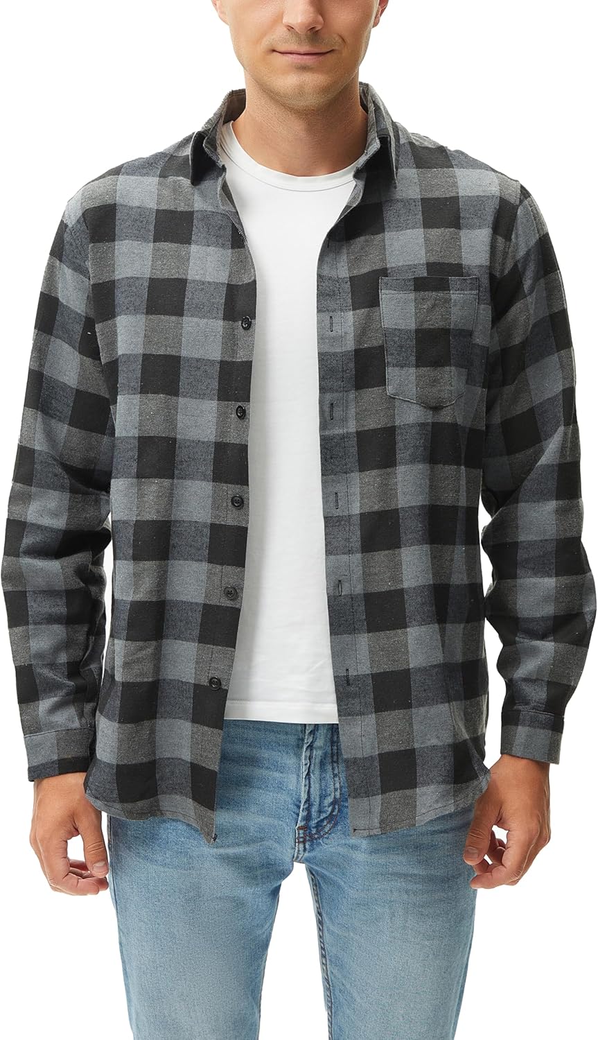 Yukiuiny Herren Holzfällerhemd 100% Baumwolle Langarm Kariertes Hemd Casual Button Down Flanell Frei
