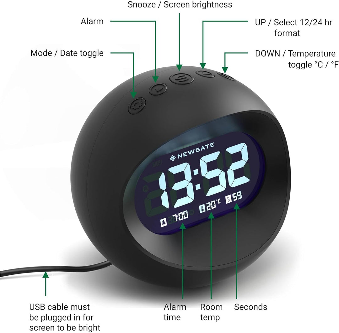 NEWGATE® Digital Centre of The Earth Wecker (Schwarz mit schwarzem LCD-Display) Black With Black Lcd