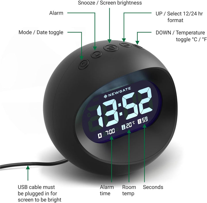NEWGATE® Digital Centre of The Earth Wecker (Schwarz mit schwarzem LCD-Display) Black With Black Lcd