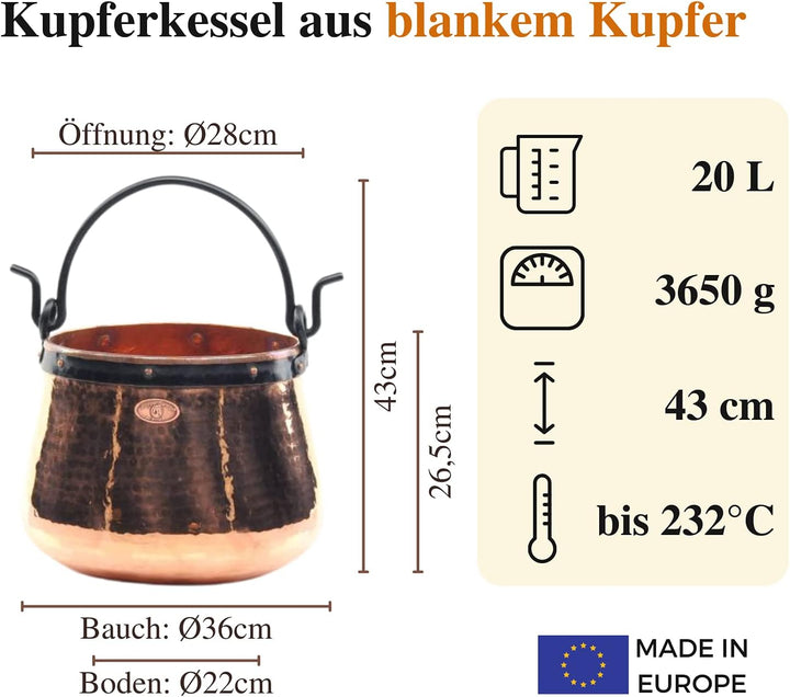 CopperGarden Kupferkessel 20 L mit Henkel I Robuster Kessel aus blankem Kupfer: Ideale Wärmeleitung
