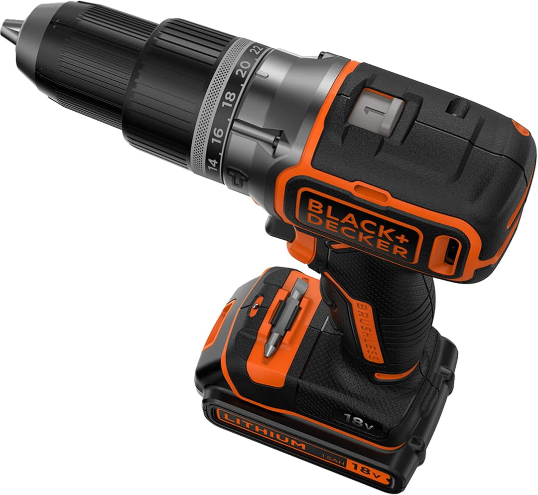 Black+Decker Akku-Schlagbohrschrauber (18 V 1,5Ah, mit bürstenlosem 2-Gang-Getriebe, LED-Arbeitslich