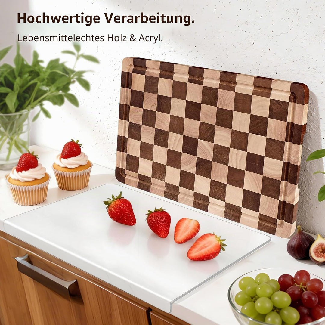Schneidebrett-Set 2-teilig – Kariertes Holz- &amp; Acryl-Schneidebrett mit Arbeitsplatten-Lippe, Holz-Sc
