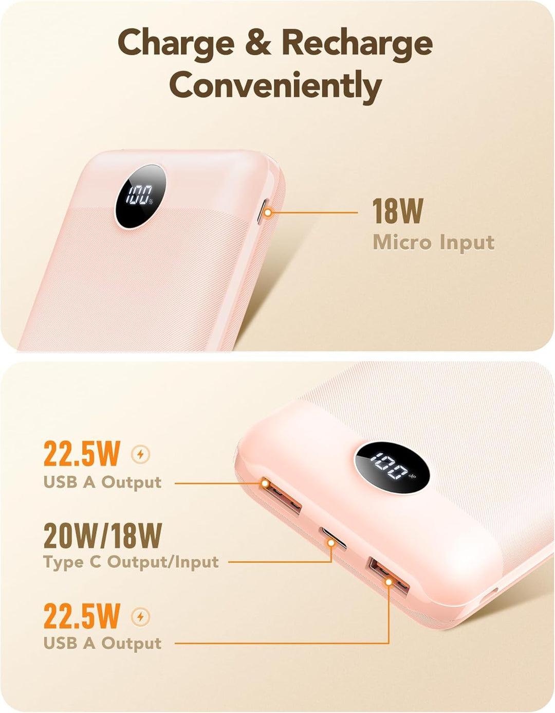 VEGER Power Bank 20000mAh klein 22.5W, Powerbank USB C Schnelles Aufladen Externe Handyakkus PD/QC3.