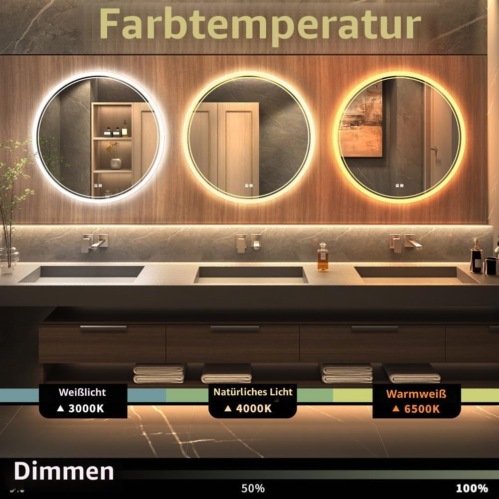 KWW Grosser Moderner LED Runder Badezimmer-Eitelkeitsspiegel, Farbtemperatur Einstellbar, Anti-Nebel
