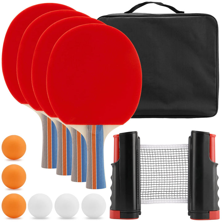 Tischtennis Set mit Netz, 4 Tischtennisschläger, 1 Einziehbarem Tischtennisnetz, 6 Tischtennis Bälle