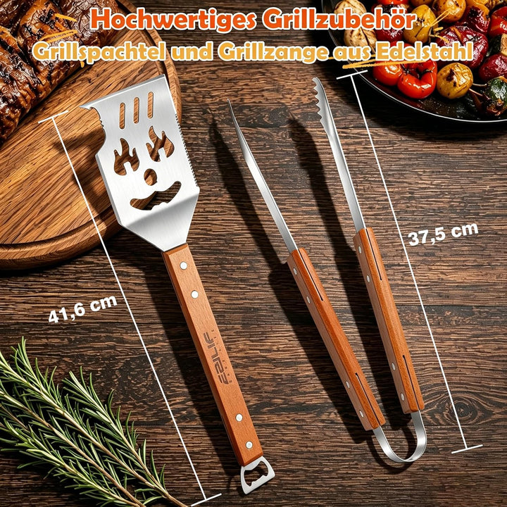 7-in-1 Grillbesteck Set, Multifunktionales Grillspachtel mit Grillzange Edelstahl, BBQ Grill Zubehör