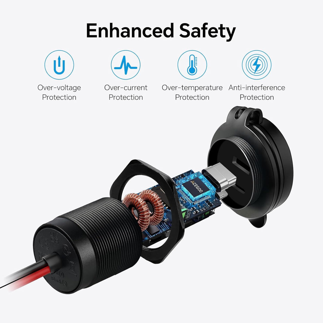 acegoo USB C Steckdose 12V Einbau Dose Buchse Aluminum Wasserdicht PD3.0 QC3.0, 12 Volt Ladegerät fü