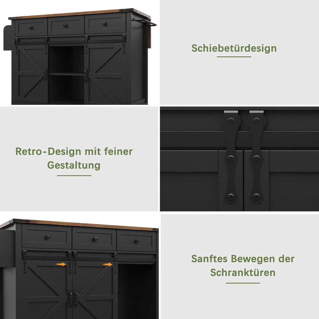 DRIXNO Kücheninsel, Servierwagen mit Ausziehbarer Arbeitsplatte, Küchenwagen auf Rollen, Küchenschra