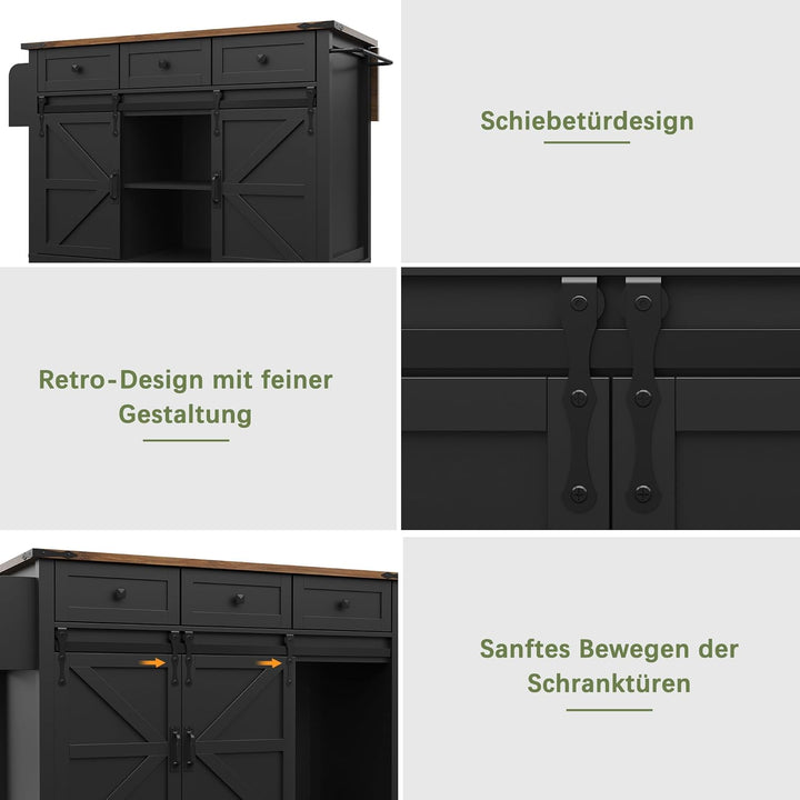 DRIXNO Kücheninsel, Servierwagen mit Ausziehbarer Arbeitsplatte, Küchenwagen auf Rollen, Küchenschra