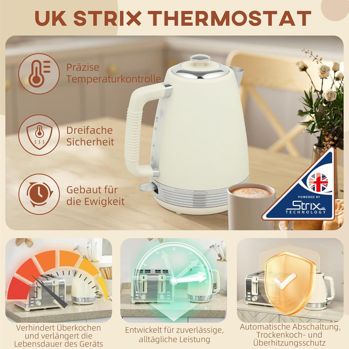 HOMCOM Wasserkocher Toaster Set mit Strix Thermostat Edelstahl Frühstück-Set mit 4 Scheiben Toaster,
