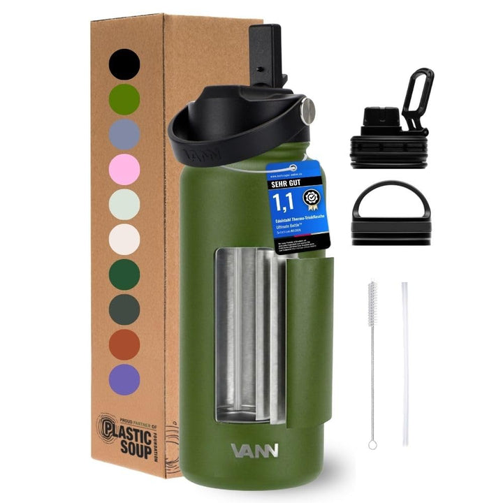 VANN Trinkflasche 1L mit Strohhalm - Thermosflasche isoliert [24h kalt, 12h warm] - Trinkflasche Ede