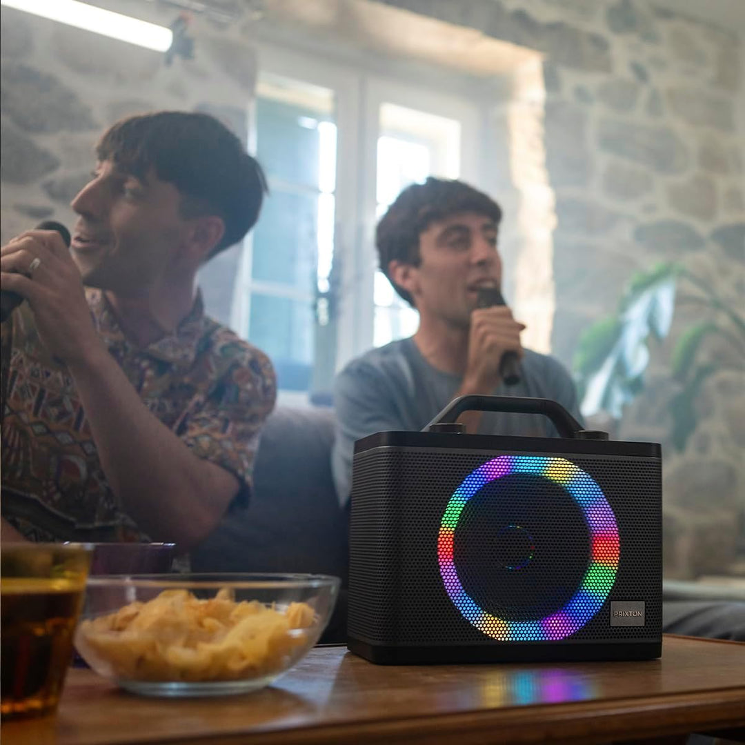 PRIXTON Karaoke Maschine Party | 2 kabellose Mikrofones, Tragbaren Bluetooth Lautsprecher mit RGB-LE