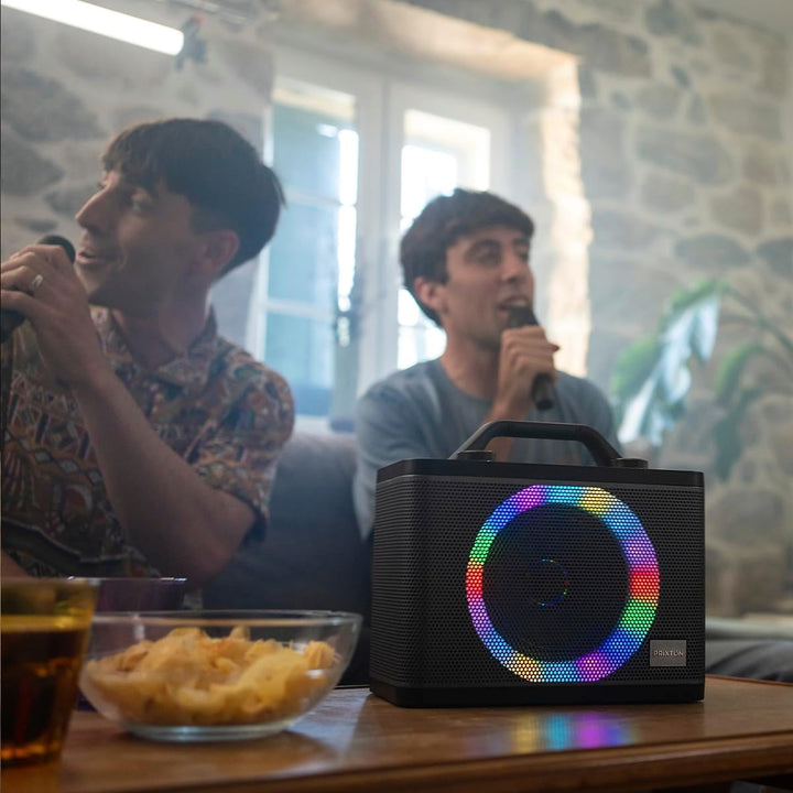 PRIXTON Karaoke Maschine Party | 2 kabellose Mikrofones, Tragbaren Bluetooth Lautsprecher mit RGB-LE