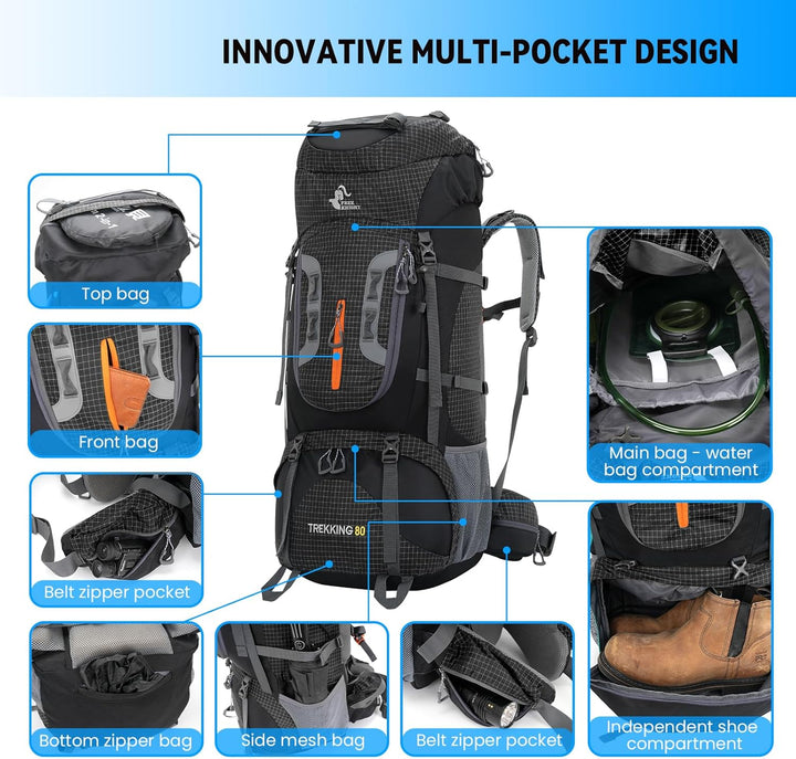 Bseash 80L Wasserdichter Wanderrucksack mit Regenschutz, leichter Outdoor-Sport, Reisen, Tagesrucksa