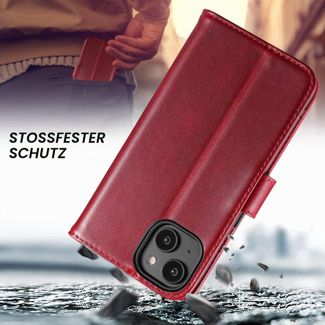 LENSUN Echtleder Hülle für iPhone 14, Handyhülle Echt Leder [Magnetverschluss][RFID Schutz] Handytas