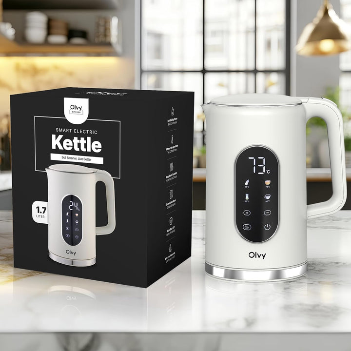 Olvy Elektrischer Wasserkocher 1,7L mit Temperaturkontrolle – Schnellkochender Edelstahl Heisswasser