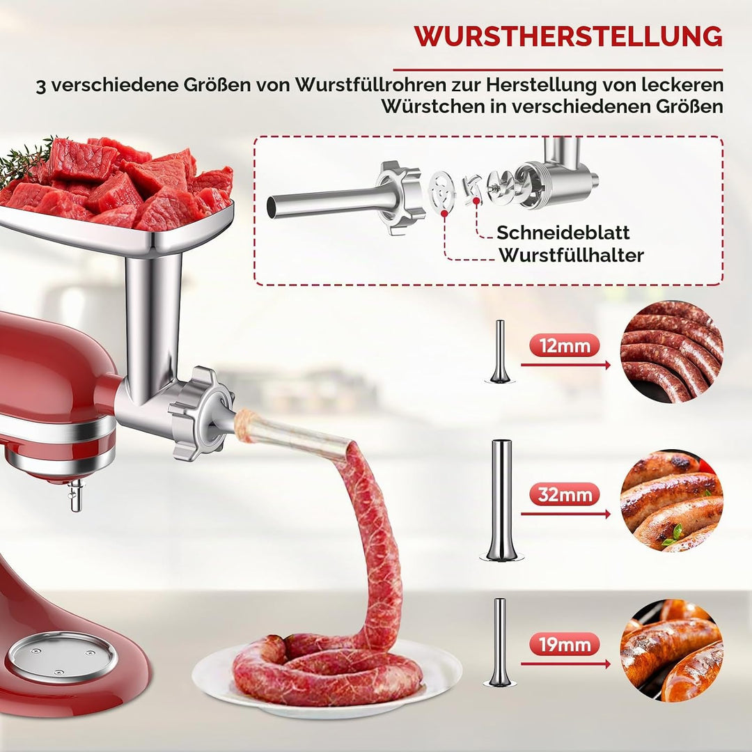 COFUN Fleischwolf Aufsatz für Kitchenaid Zubehör, Metall Fleischwolf Satz mit 4 Mahlscheibe 3 Wurstf
