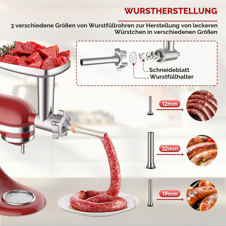 COFUN Fleischwolf Aufsatz für Kitchenaid Zubehör, Metall Fleischwolf Satz mit 4 Mahlscheibe 3 Wurstf