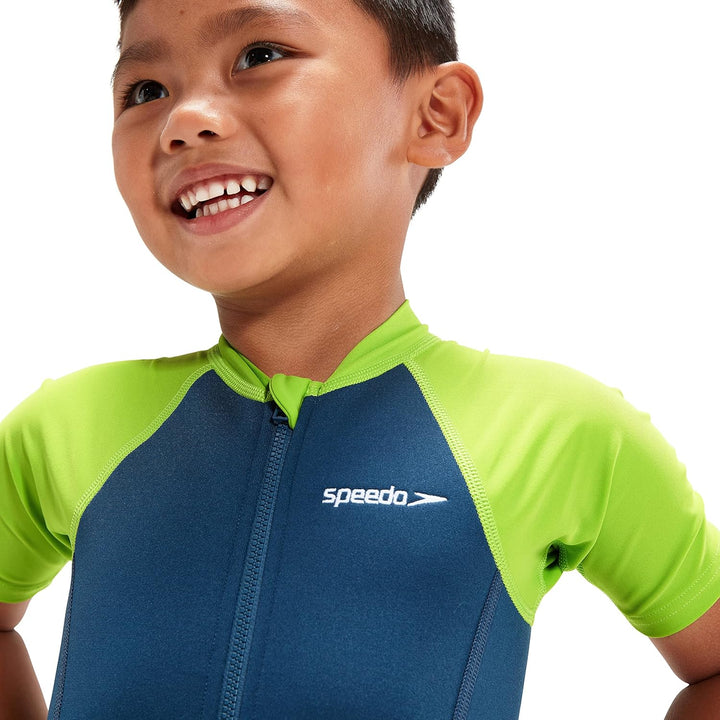 Speedo Jungen Learn To Swim Essential Wetsuit Badeanzug, Harmony Blau/Grün Lizard, 5 Jahre