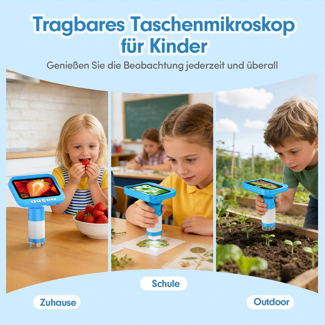 FINIBO Digitales Mikroskop für Kinder 1000X, 4,3″ grosser Bildschirm, Kindermikroskop zum Lernen & F