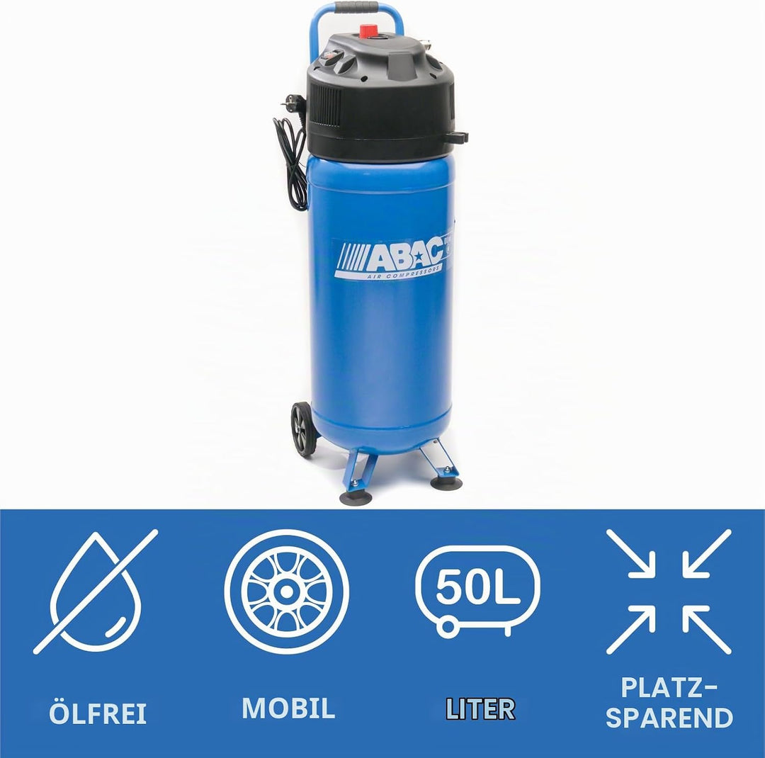 ABAC Vertikaler Luftkompressor EASE-AIR 50V, Ölfreier Luftkompressor, Maximaler Druck 10 Bar, Leistu
