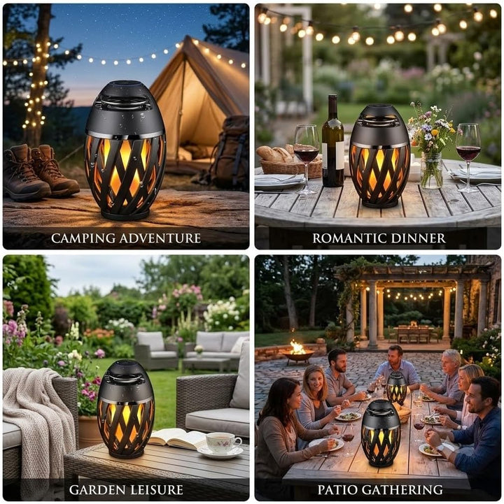 Outdoor Bluetooth Lautsprecher mit Flammenlicht, Kabelloser LED Tischlampe, IP65 Wasserdicht, Stereo