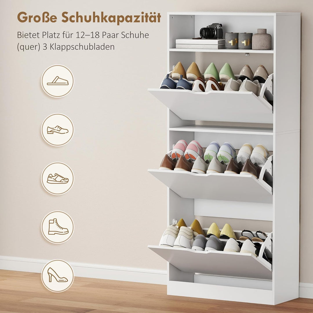 HOMCOM Schuhschrank mit 3 Klappen, Schmal Schuhkipper mit Ablage, Verstellbar Trennwand Schuhregal f