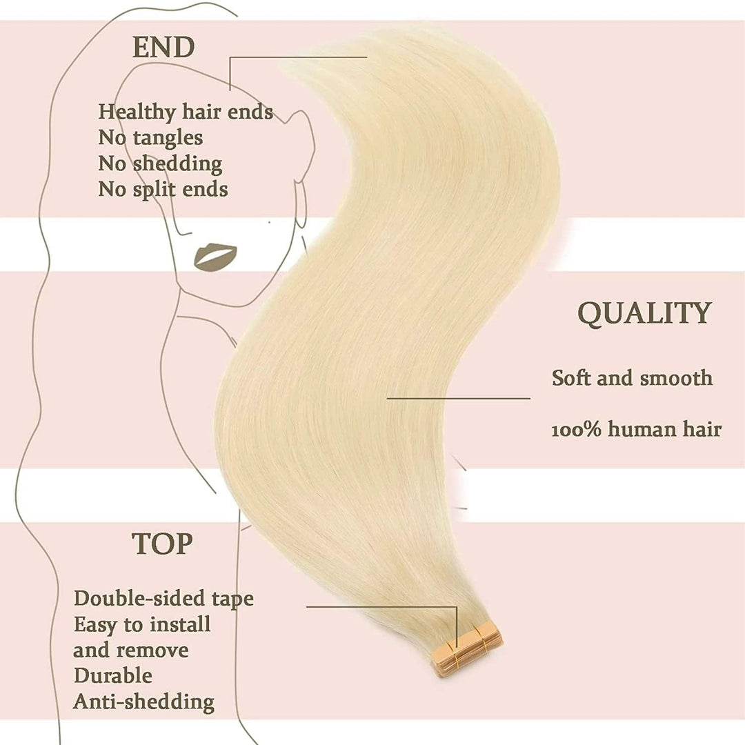HotLulana Tape Extensions Echthaar Platinblond(#60) Extensions Echthaar 14zoll/35cm 40Pcs 80g Invisi