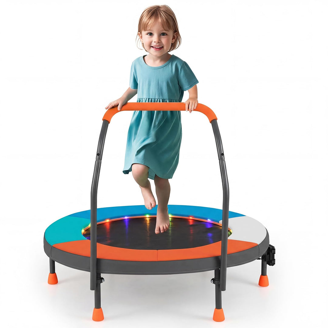 COSTWAY Ø90 cm Kinder Trampolin, Minitrampolin faltbar mit LED Beleuchtung, Fitness Trampolin Indoor