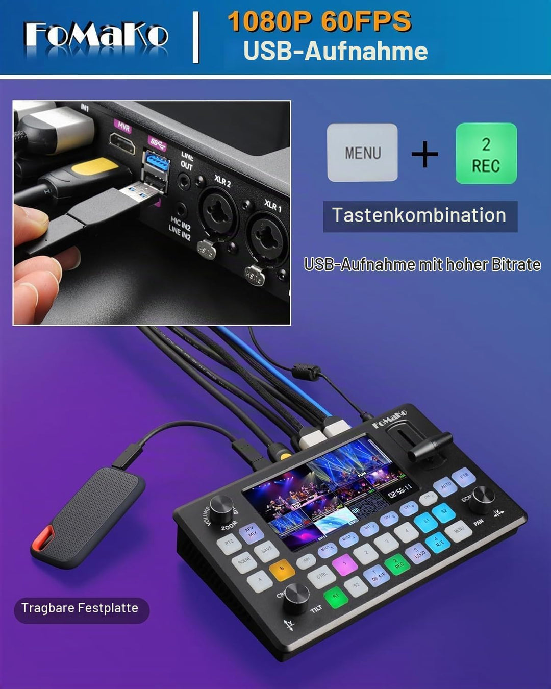 FoMaKo Video Switcher HDMI 4-Kanal für Multikameras, Video Mixer mit 5.5-Zoll LCD Bildschim, 1080P 6