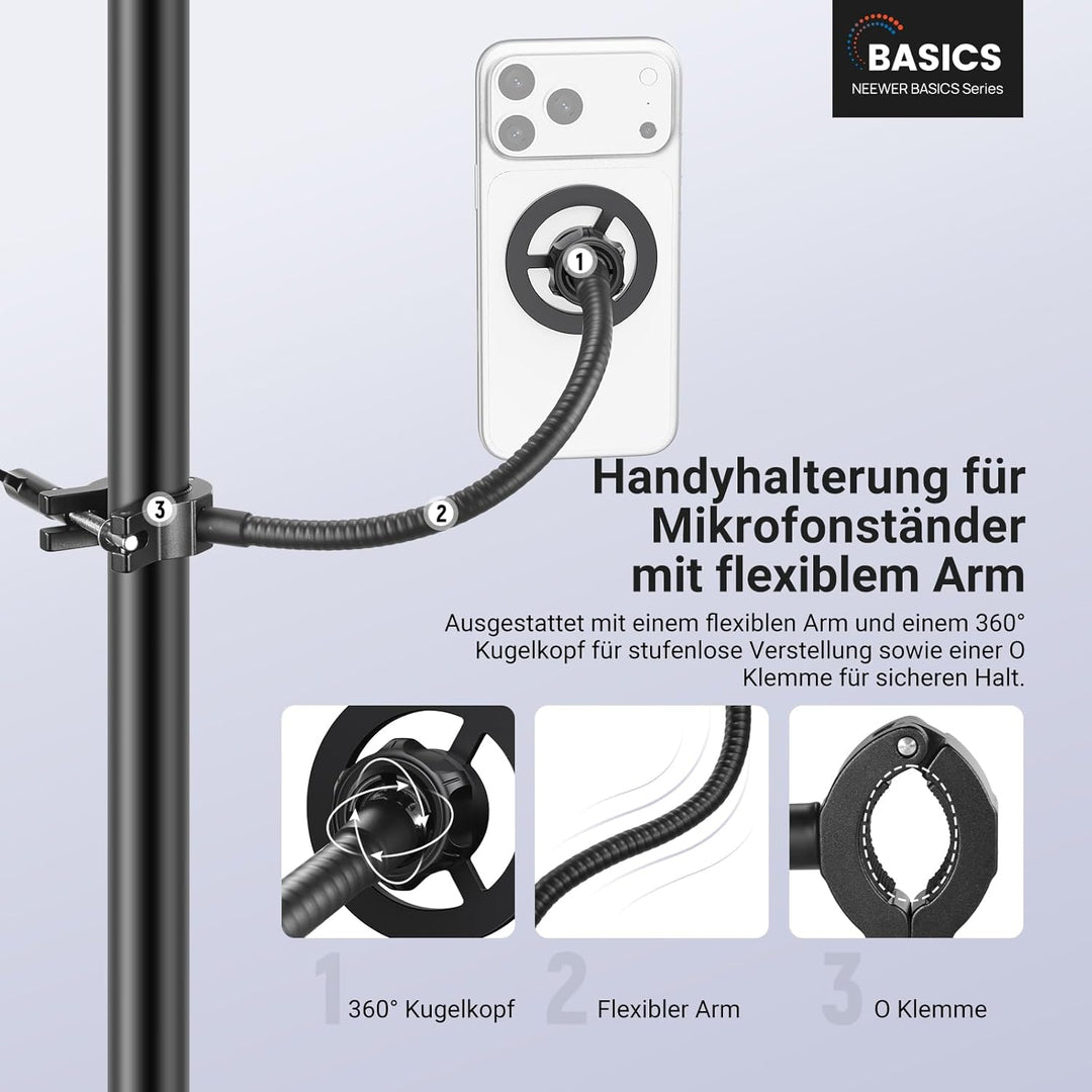 NEEWER BASICS Magnetische Handyhalterung für Microphone Stand mit flexiblem Rohr, Magnet verstellbar
