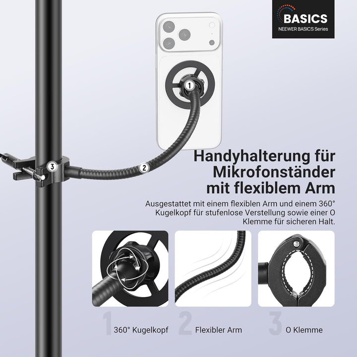 NEEWER BASICS Magnetische Handyhalterung für Microphone Stand mit flexiblem Rohr, Magnet verstellbar