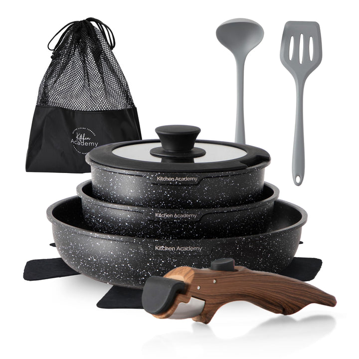 Kitchen Academy Topfset 10tlg, Topf Pfannenset mit Glasdeckeln, Marmorbeschichtung Antihaft-Versiege