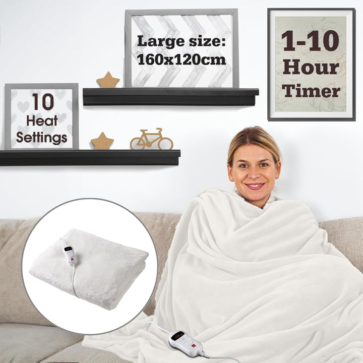 SENSIOHOME Luxus Heizdecke Creme, Elektrische Kuscheldecke aus Flanellfleece mit Teddyfleece-Innense