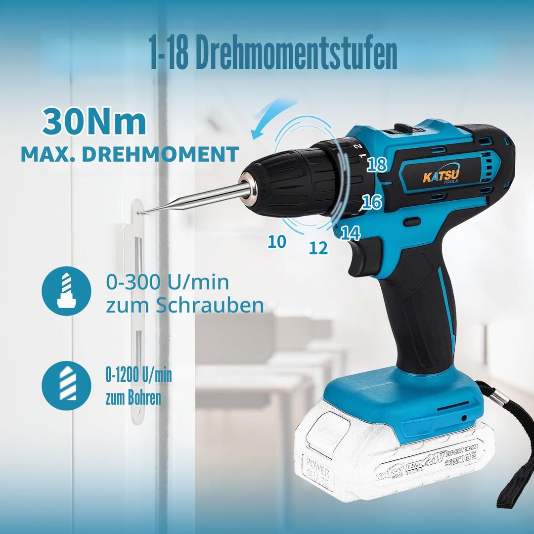 KATSU FIT-BAT 102623 Akku-Bohrschrauber, 21 V, 10 mm Schnellspannbohrfutter, 2 Gänge, LED-Licht, ide