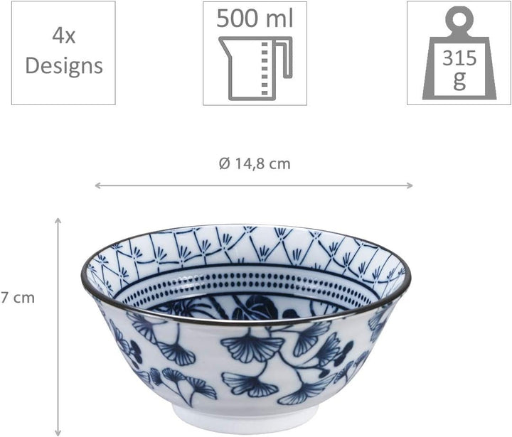 TOKYO design studio Flora Japonica 4-er Schalen-Set blau-weiss, Ø 14,8 cm, 7 cm hoch, ca. 500 ml, as