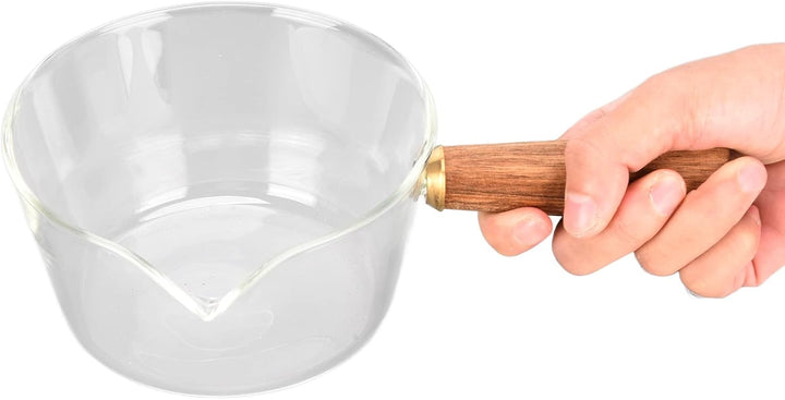Stielkasserolle, Glas Milchtopf mit Holzgriff Kochtopf Stieltopf Nudeltopf mit V-förmige Tülle Sauce