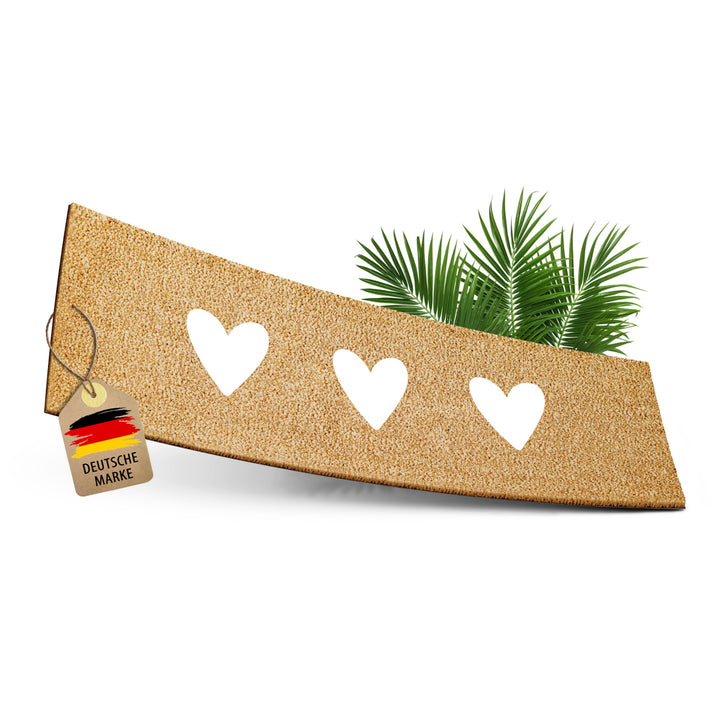 Kokos Fussmatte 75x25cm mit weissen Herzen I Extra langlebige & rutschfeste Kokosmatte I Für Innen &