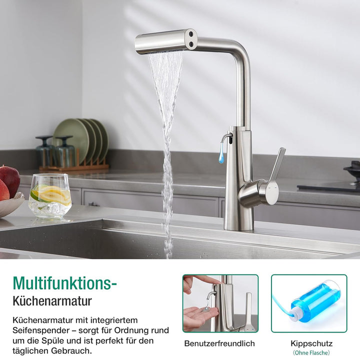 CREA Wasserfall Wasserhahn Küche Ausziehbar,Mischbatterie Edelstahl Küche mit Seifenspender,360° Dre
