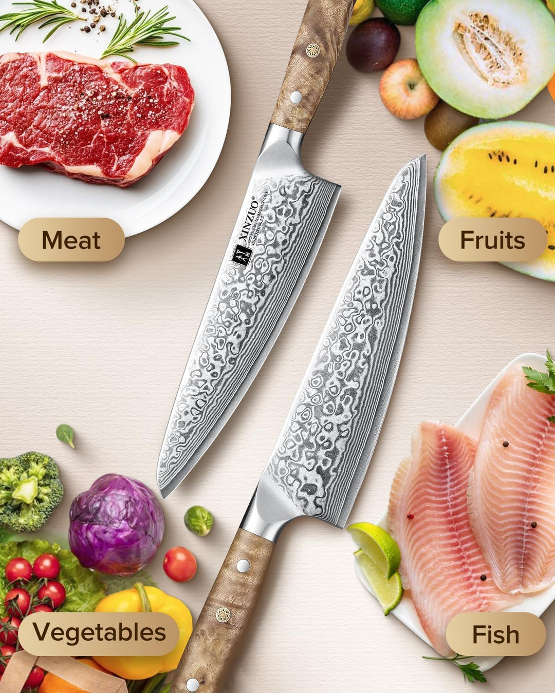 XINZUO 21cm Kochmesser 67 Schichten Damaststahl Profi Küchenmesser -Scharfe Klinge Damaszener Stahl