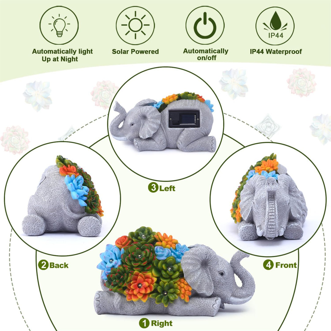 Yeomoo Elefant Deko mit Solarlampen Gartenfiguren Gartendeko für Draussen: Elefanten mit Sukkulenten