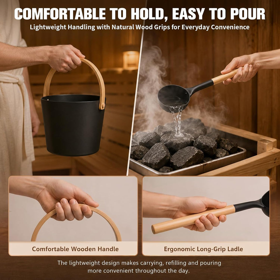 5-Teilig 7L Sauna Eimer mit Kelle, Alu Saunazubehör mit Sanduhr/Aromaschale