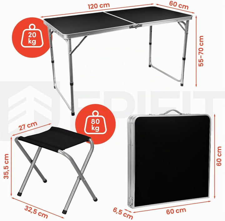 MalTec Wandertisch Klappbarer Campingtisch Koffer Camp 120 Set Set mit 4 Stühlen