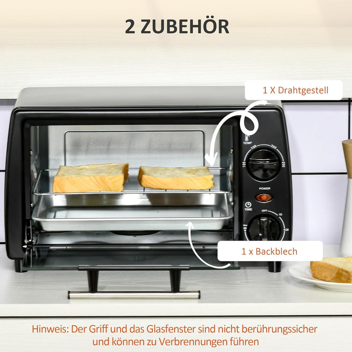HOMCOM Mini Backofen 10 L 750W 100-230℃ 60 Min. Timer mit Backblech, Grillrost und Herausnehmbarer B